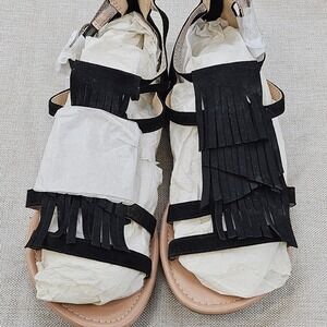 Revel Gladiator Sandals Black Suede Fringe Zip Up Flat Women Size 6‎